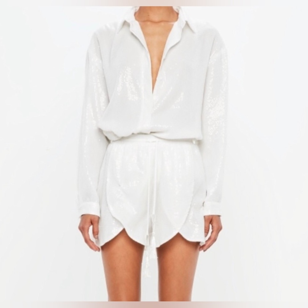 NWT: Missguided Peace + Love White Sequin Shirt + Short Set